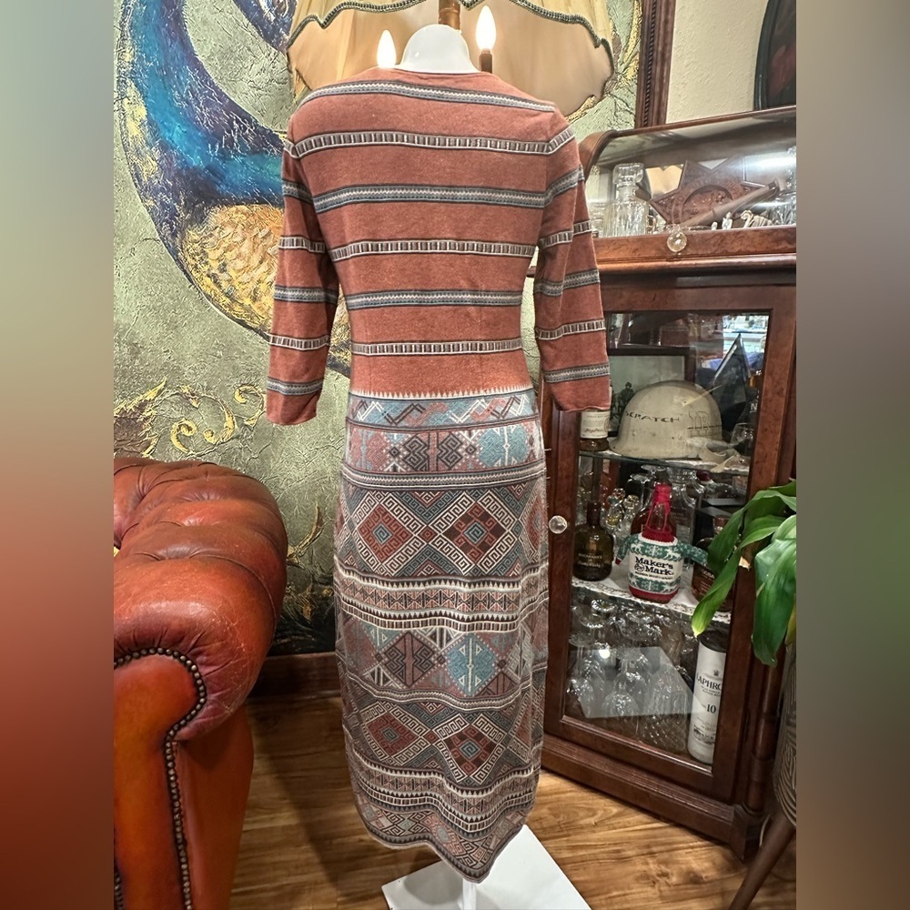 Peruvian Connection Geometric Knit Maxi Dress Medium Rust Blue Southwestern Boho - Picture 5 of 7
